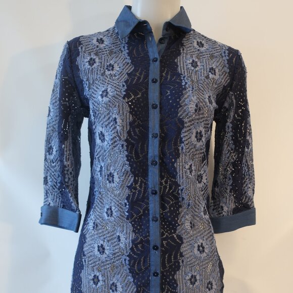 Womens Anne Fontaine Blue Navy Lace Blouse Top 36 US (0-2) - Picture 2 of 13